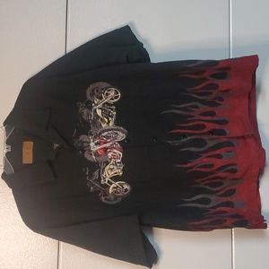 Clearwater Outfitters Motorcycle Shirt Black WithRed and Gray Flames Button Tee